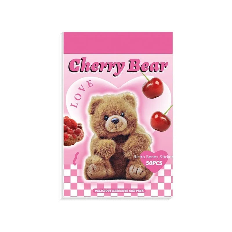 American retro cartoon sticker book open showing 4x6cm sheets in black, pink, blue, green, purple, and yellow colours.