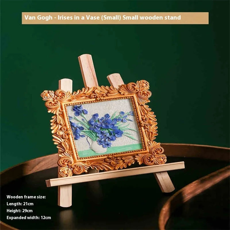 DIY paint by numbers kit showing Van Gogh's Starry Night canvas with acrylic paints and brushes