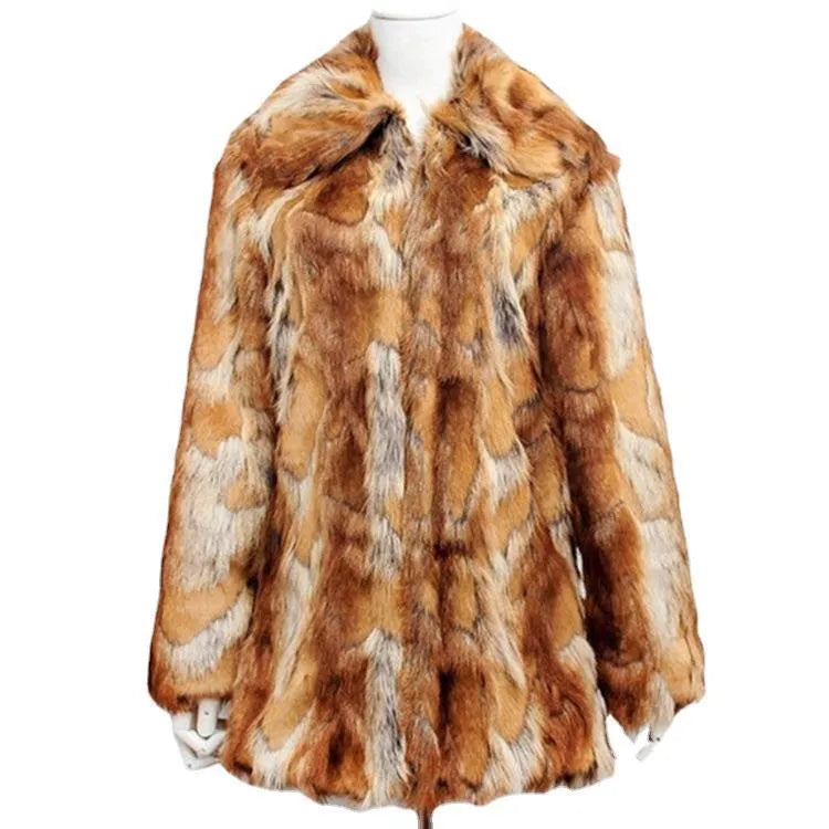 Women's tiger print faux fur jacket with regular long sleeves and medium 65cm length