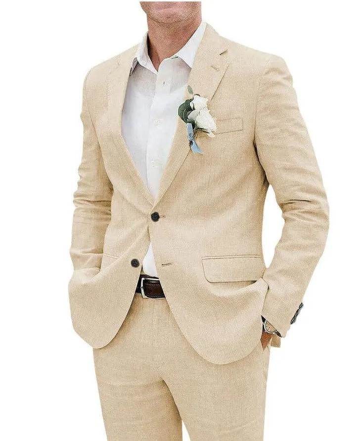 Men's linen slim fit business banquet suit set in beige, jacket and trousers, size XS to 6XL
