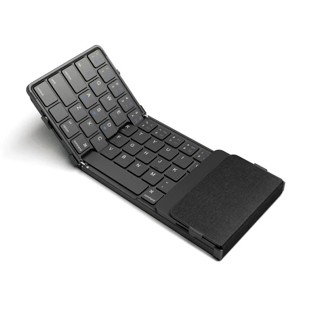 Black folding Bluetooth keyboard for mobile phones and tablets showing touchpad version