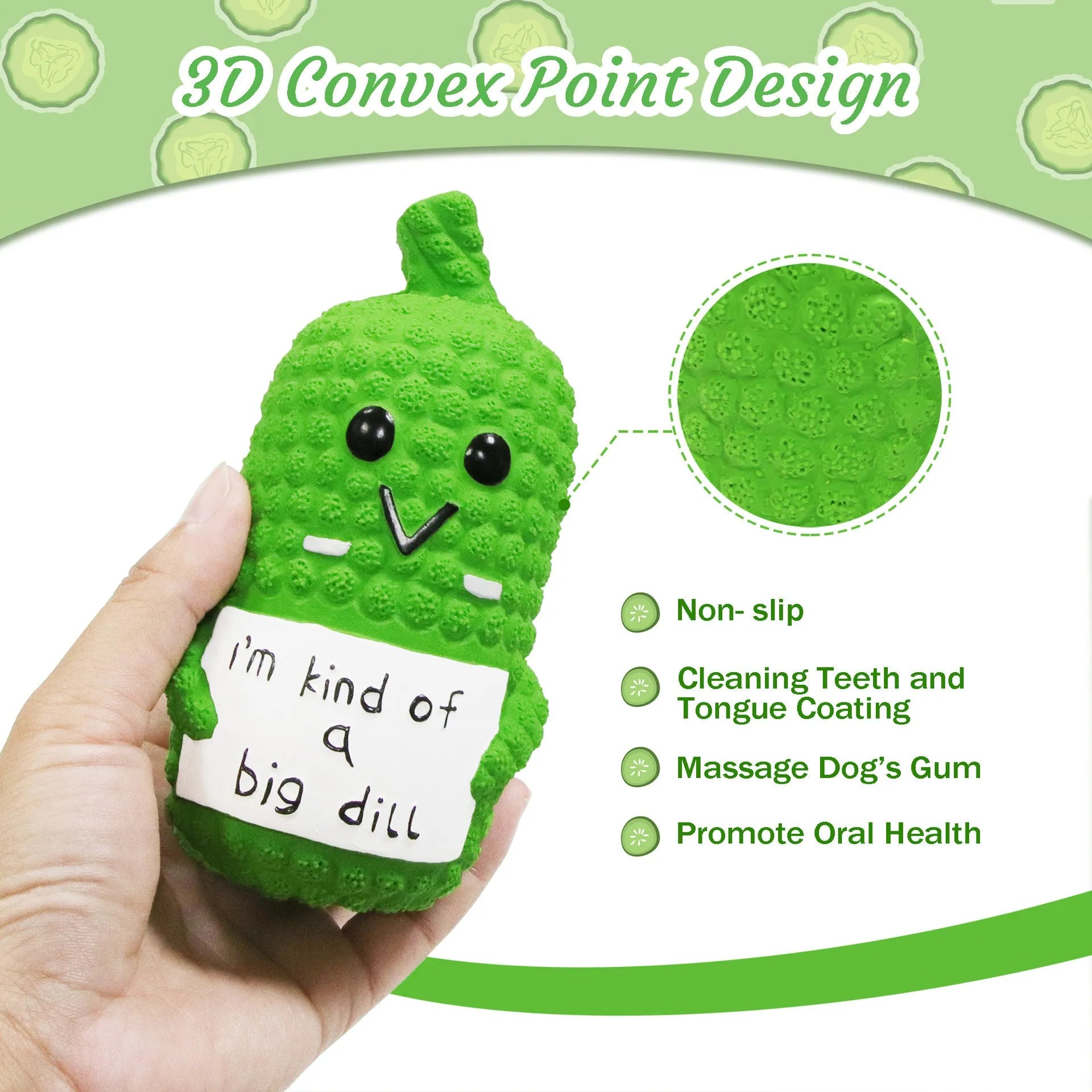 Green pickle-shaped squeaky dog toy with nubbed texture on a white background.