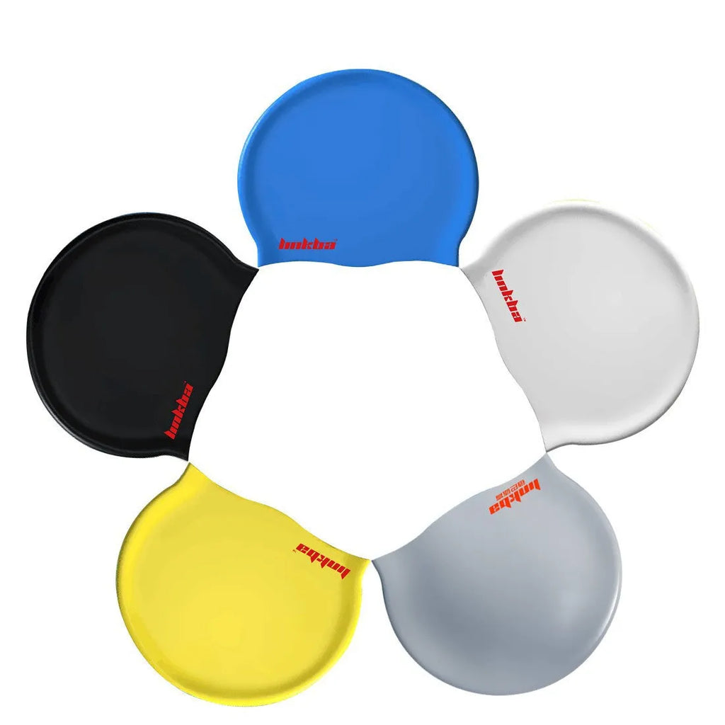 Silicone swimming cap with earmuff design and letters pattern in five colour options.