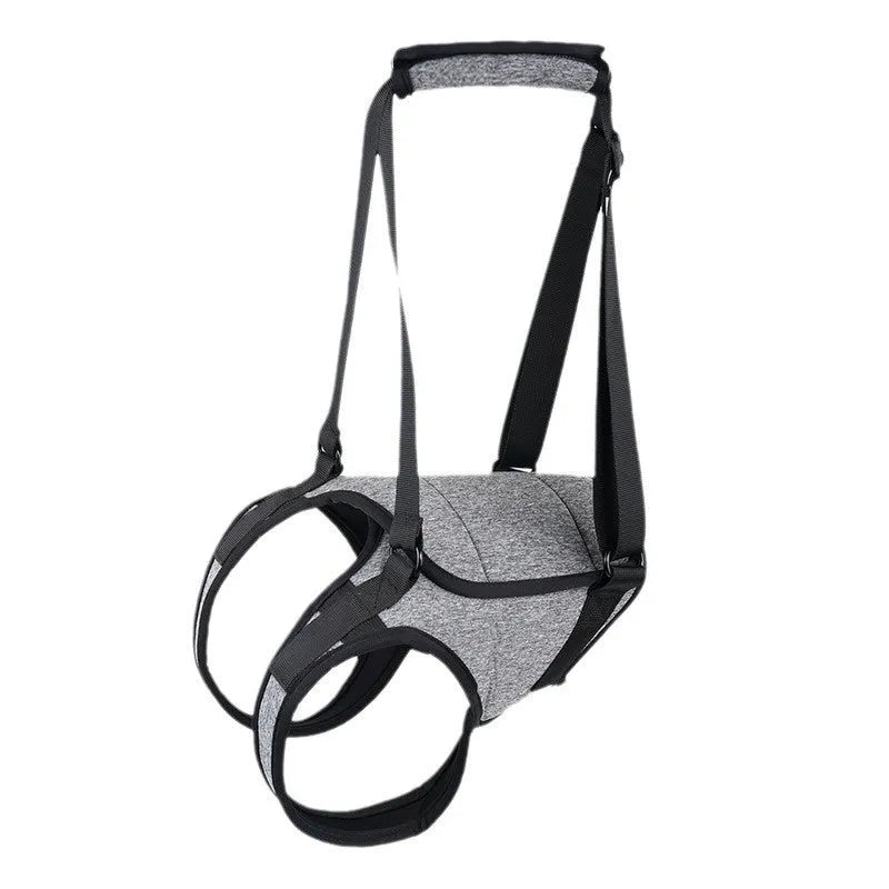 Grey neoprene dog recovery belt showing adjustable waist and thigh straps for hind leg support