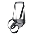 Grey neoprene dog recovery belt showing adjustable waist and thigh straps for hind leg support