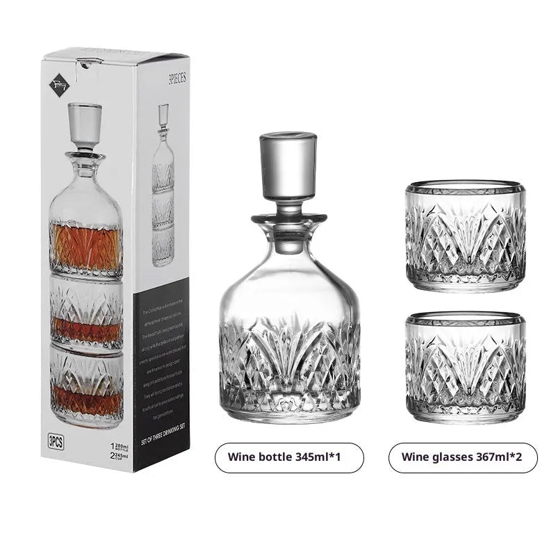 Stackable engraved glass wine glass set with two cups and sake barrel in simple style