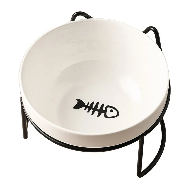 Ceramic cat bowl with iron frame in cat paw or fishbone print