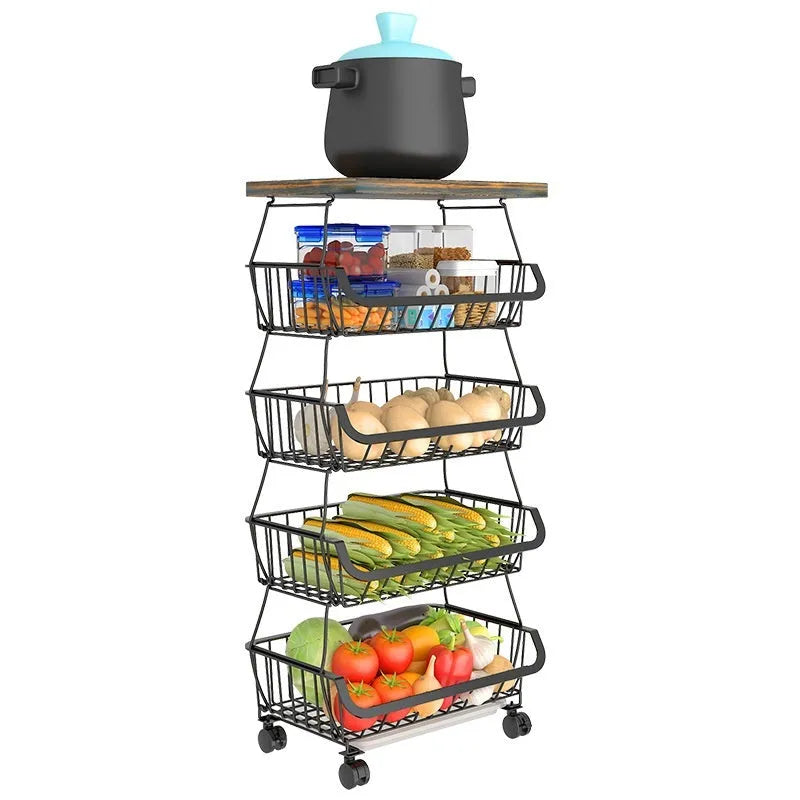 Black six-layer freestanding kitchen storage trolley with foldable carbon steel frame