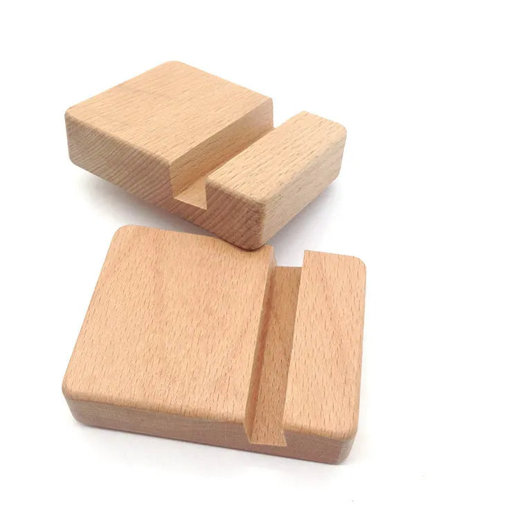 Solid beech wood mobile phone holder with a decorative resin kitten figurine on top