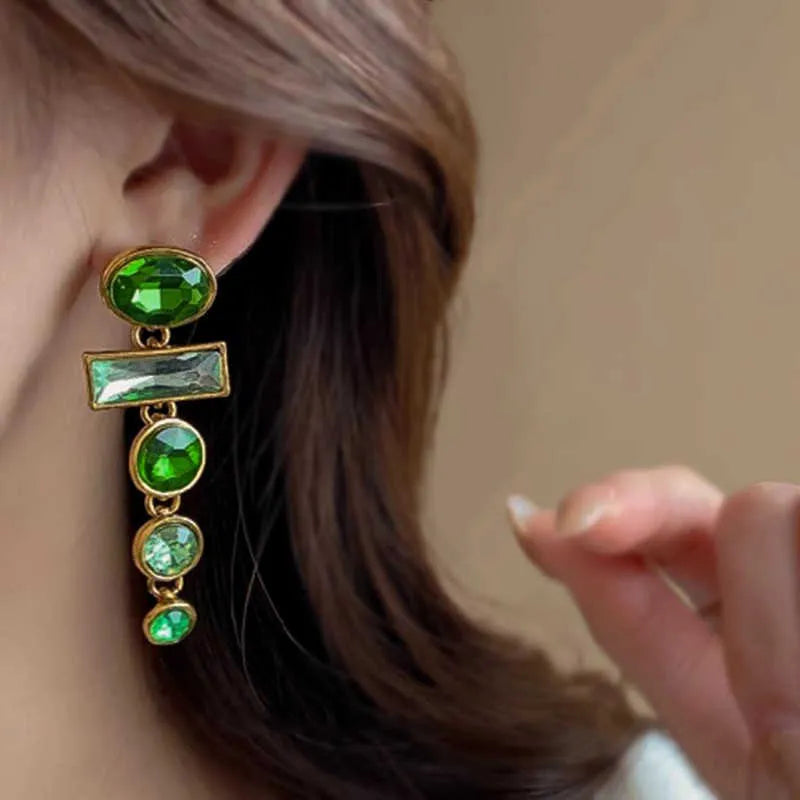 Green gradient tassel earrings with zircon inlaid detail and geometric Chinese retro style