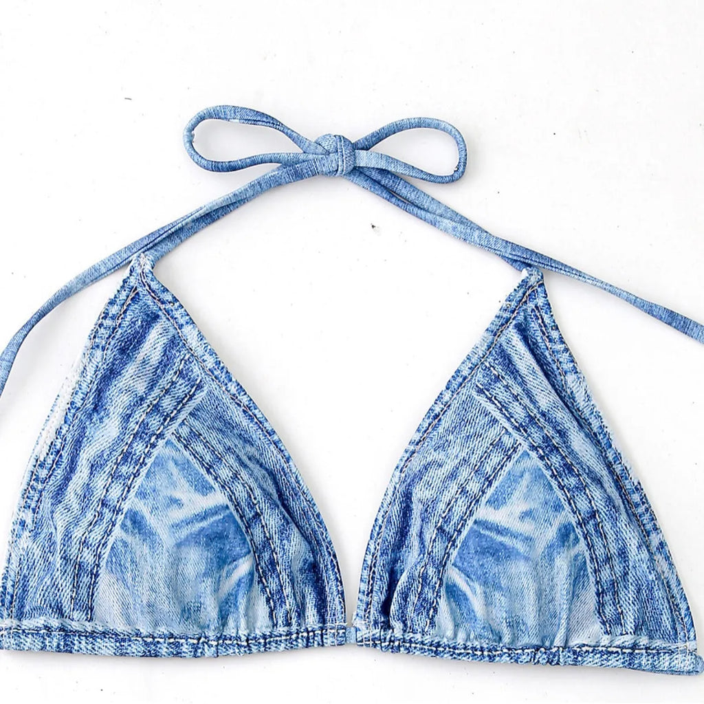 Women's denim pattern two-piece bikini swimsuit set in colourful colour, polyester fabric, front view