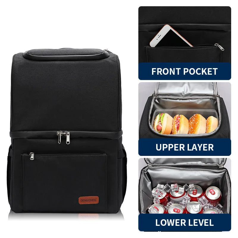Blue insulated picnic backpack with adjustable straps and detachable ice pack