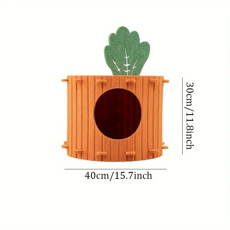 A soft grey felt cat tunnel nest shaped like a carrot, shown in a semi-enclosed tunnel design.