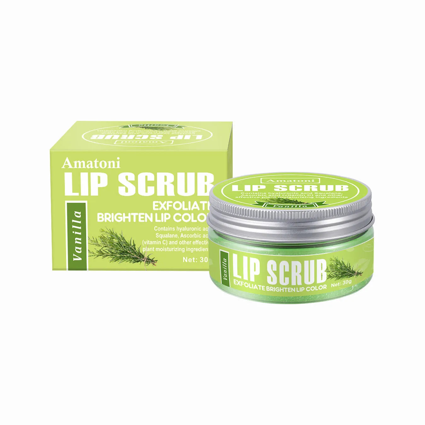 Amatoni Lip Scrub jar in 30g size with Coconut, Raspberry, Vanilla, or Watermelon flavour options.