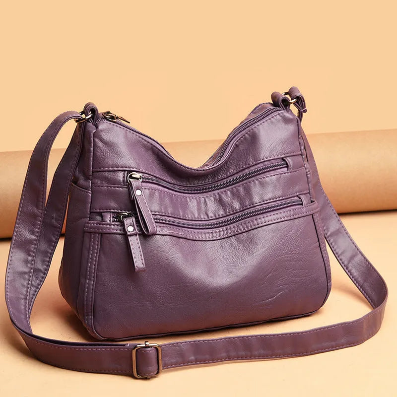 Real washed leather classic solid colour soft leather casual one-shoulder crossbody bag for women