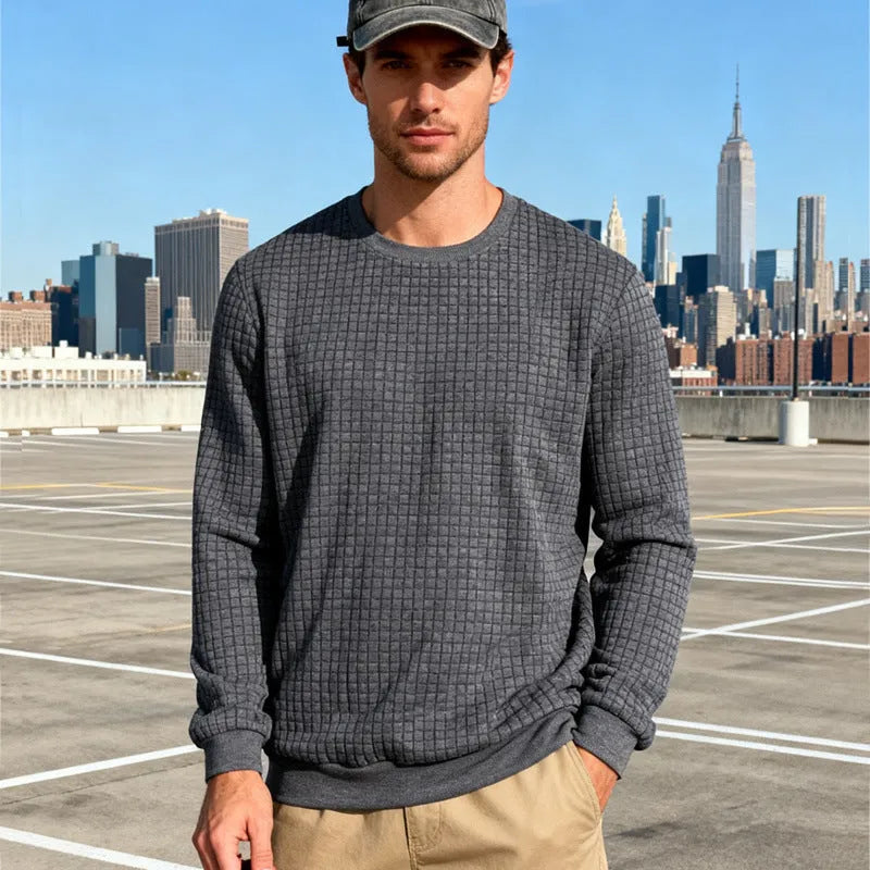Loose casual men's simple sporty jacquard round-neck long-sleeved sweatshirt in solid colour
