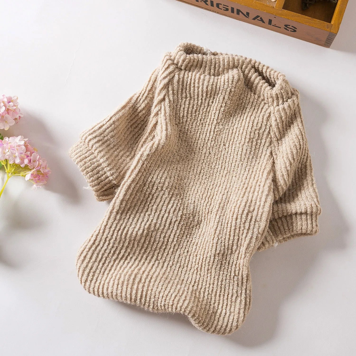 Brown knit dog sweater pullover for small breeds in sizes from XS to XL