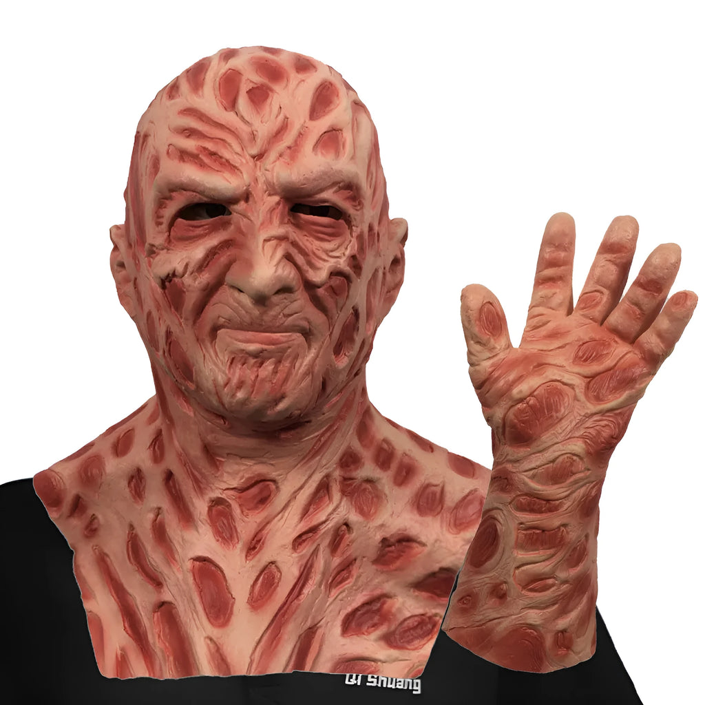 Latex horror grimace mask and gloves set in skin colour for Halloween