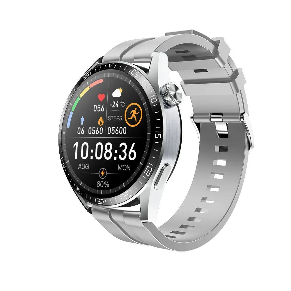 Black GS3 Max smartwatch on silicone strap showing health stats on its 1.35-inch IPS screen.