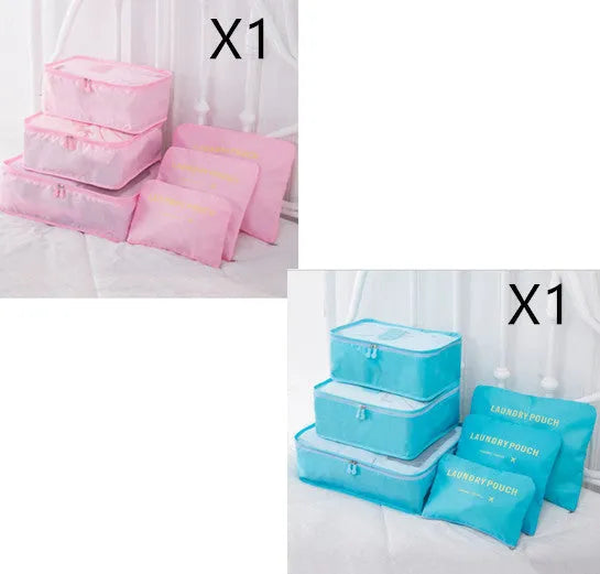 6 piece polyester travel storage bag set in hand bag type shape for clothes and cosmetic organisation, various colour options