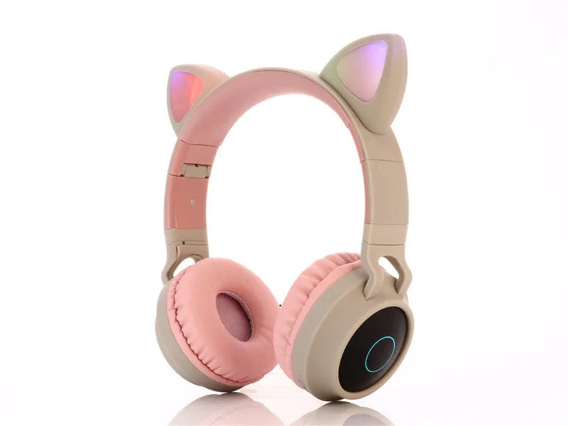 Cartoon cat ears wireless Bluetooth gaming headset in pink colour with bilateral stereo speakers