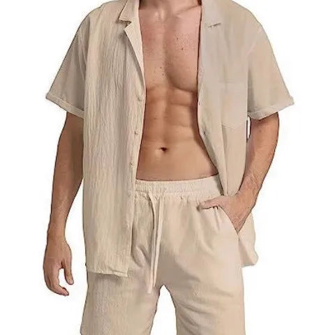 Men's linen short-sleeved shirt and matching shorts set in army green on a mannequin