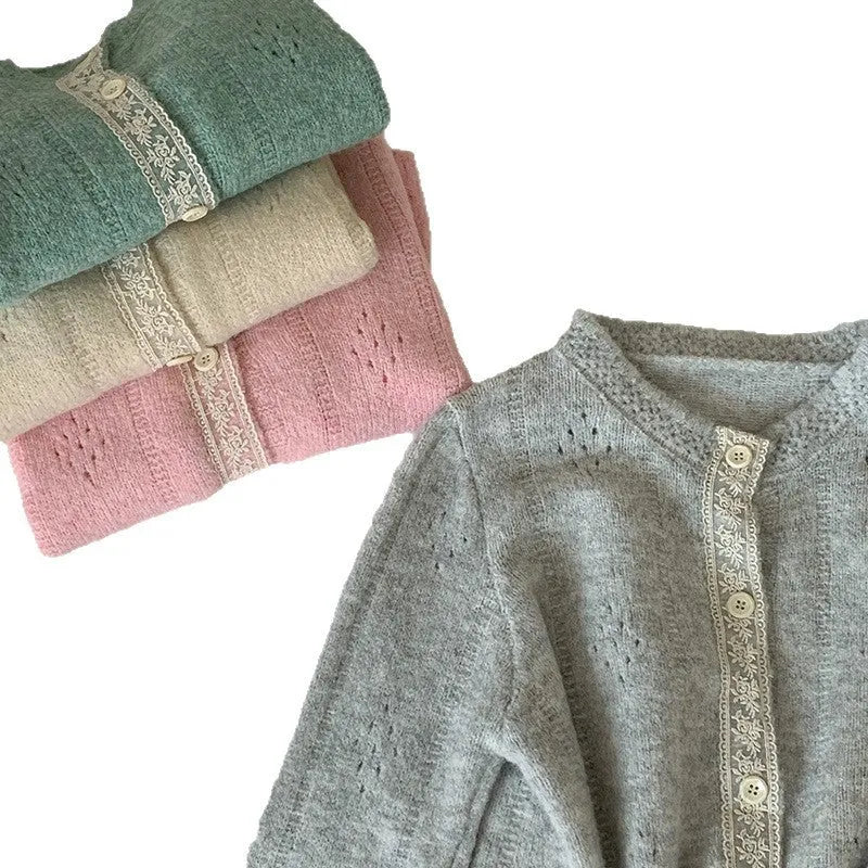 Korean-style loose knit cardigan coat in artistic retro design, shown in apricot colour