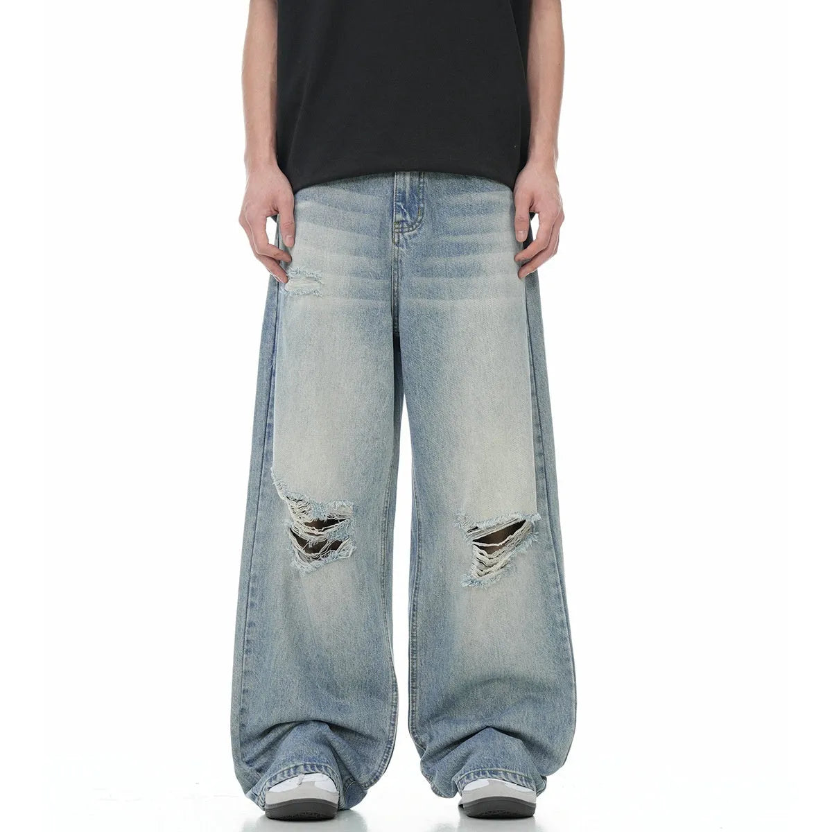 Blue men's straight-leg jeans with a distressed retro finish and a zipper fly.