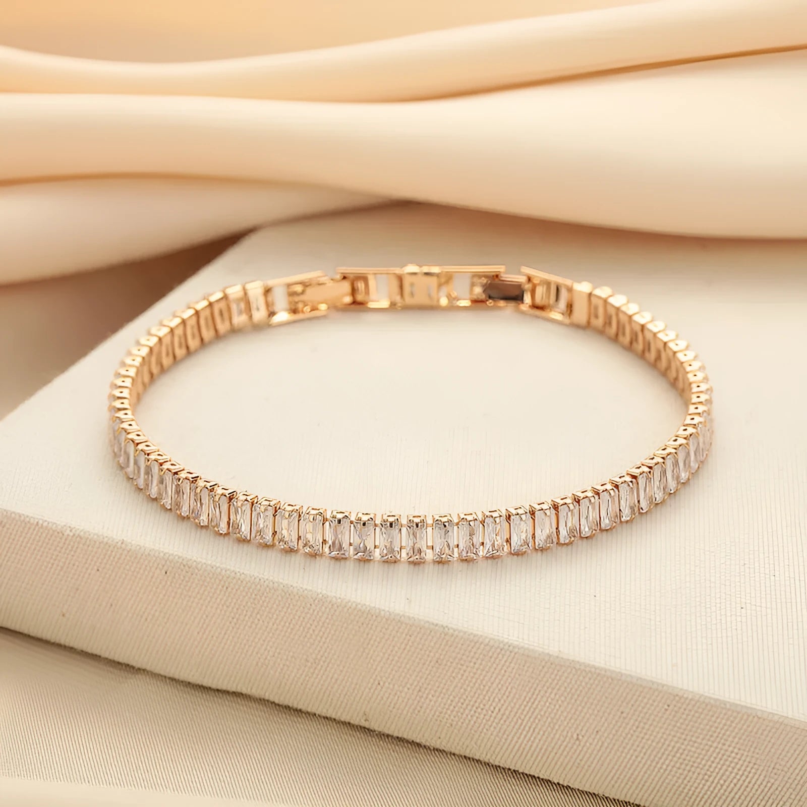 Rectangular brass women's bracelet with full diamond zircon inlay in champagne gold colour