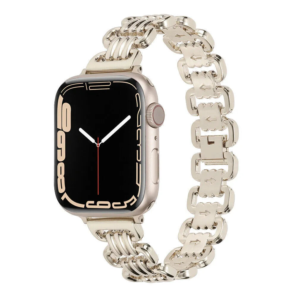 Alloy metal Apple Watch replacement band in silver, black, gold, rose gold, and starlight colours with adjustable clasp.