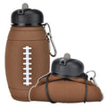 Brown collapsible sports water bottle in rugby ball shape with 600ml capacity and non-slip silicone grip