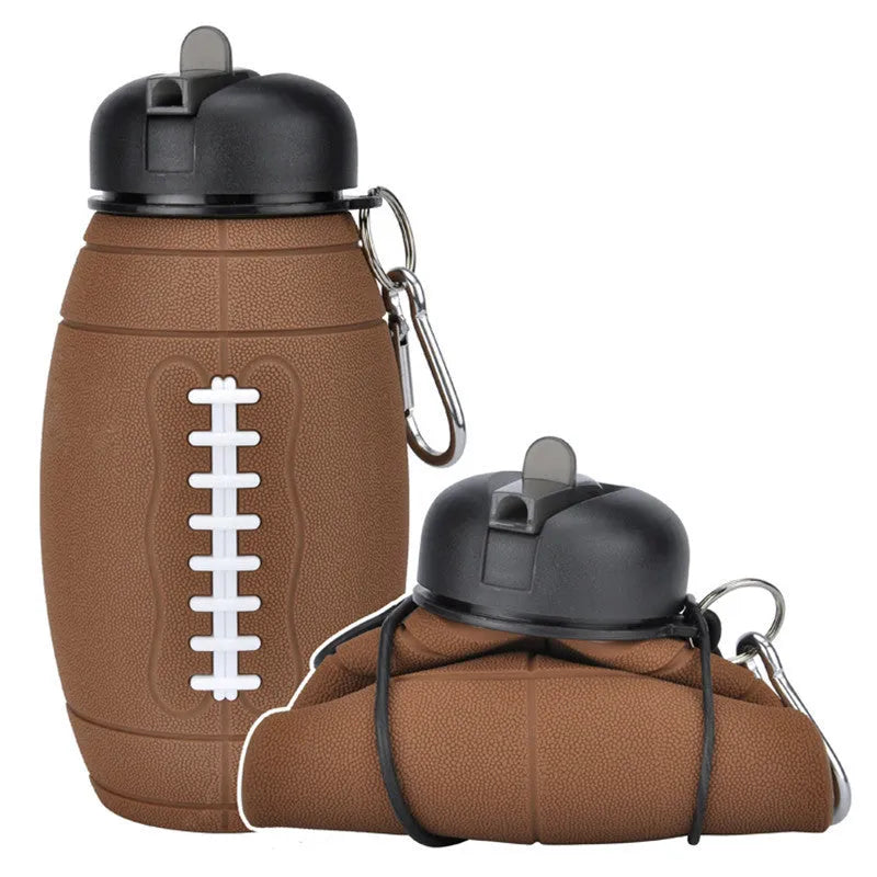 Brown collapsible sports water bottle in rugby ball shape with 600ml capacity and non-slip silicone grip