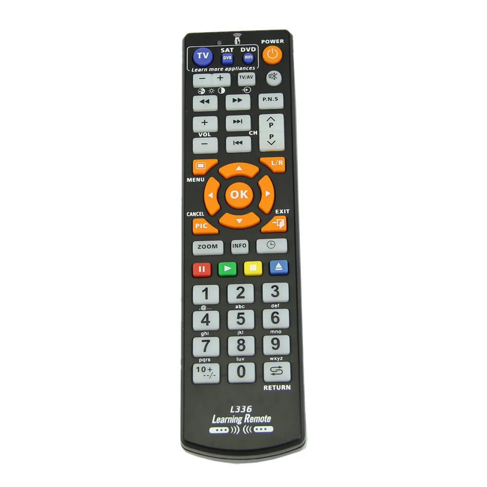 Black L336 universal learning remote control with full button keypad on a white background.