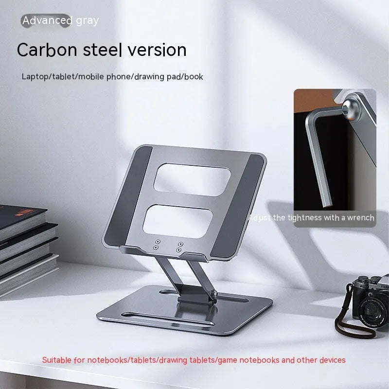 Folding aluminium alloy laptop and tablet stand in silver on a desk, showing unfolded position