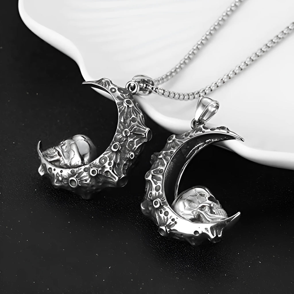 Silver stainless steel men's skull necklace with alloy pendant in six design variations