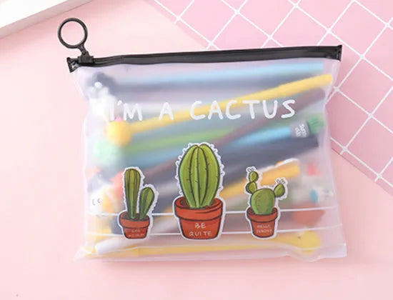 Marvel series cartoon pen set with 20 black 0.5mm pens and plastic storage case featuring cactus designs