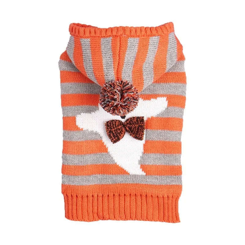 Orange Halloween pet sweater with striped pattern, fur ball decorations, and a hood for dogs or cats.