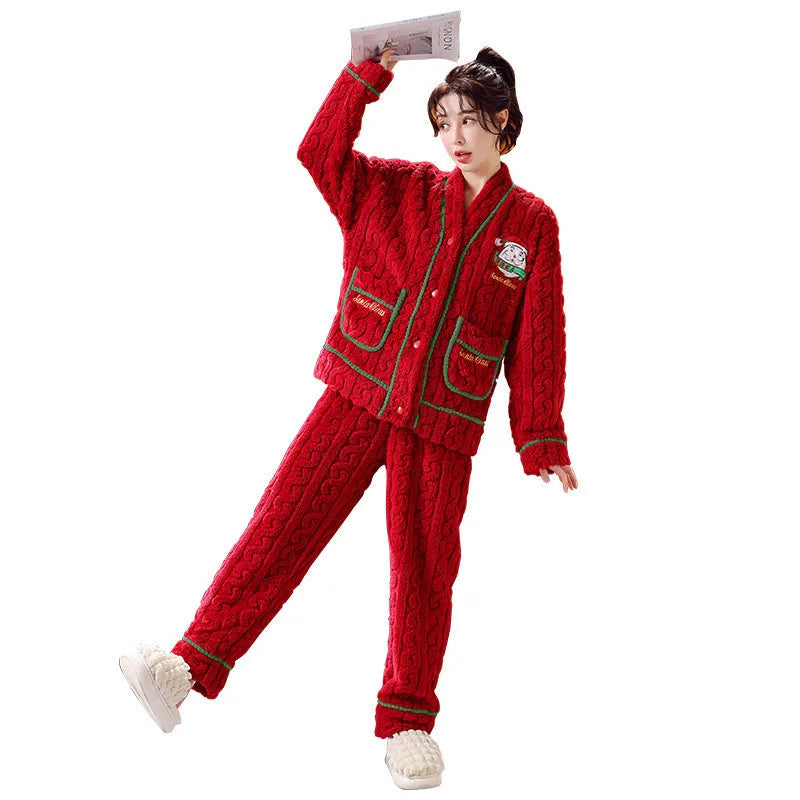 Winter women's flannel homewear set in red Christmas print with long sleeves and trousers on model