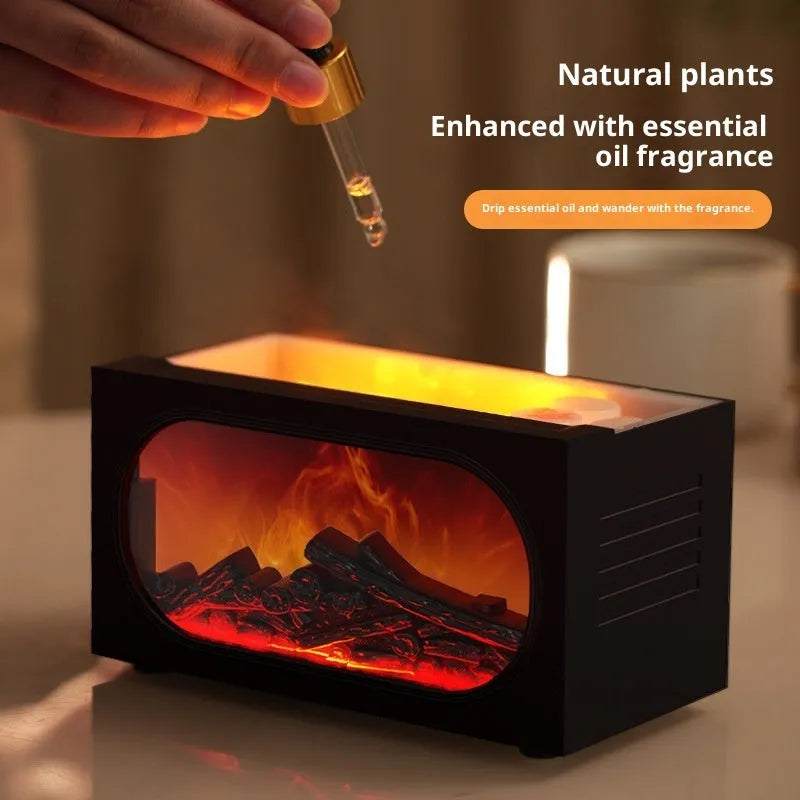 Black desktop fireplace aroma diffuser with colourful simulation flame and remote control