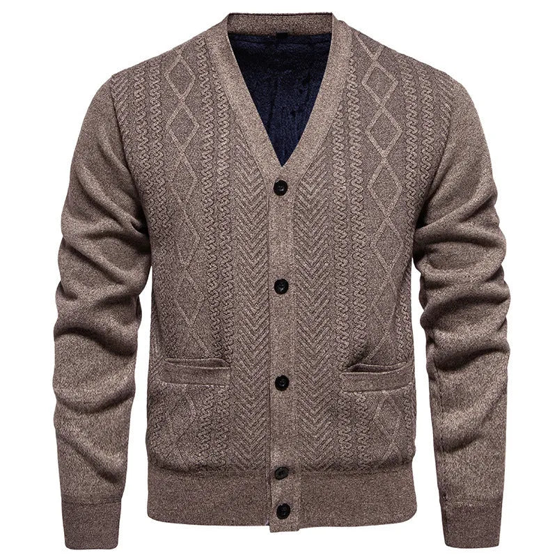 Man wearing a striped cardigan sweater with long sleeves and a wool lining.