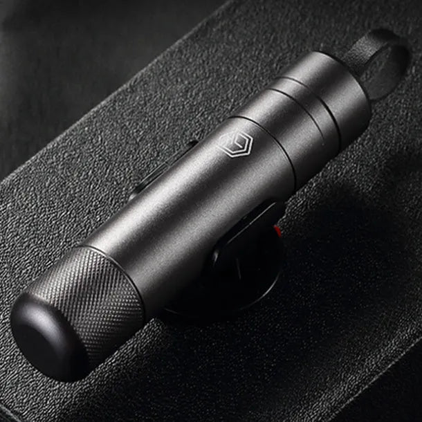 Gun grey aluminium alloy car safety hammer with window breaker and seatbelt cutter showing 87mm length