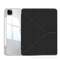 Transparent acrylic iPad case with a folding magnetic stand, shown in multiple colour options.