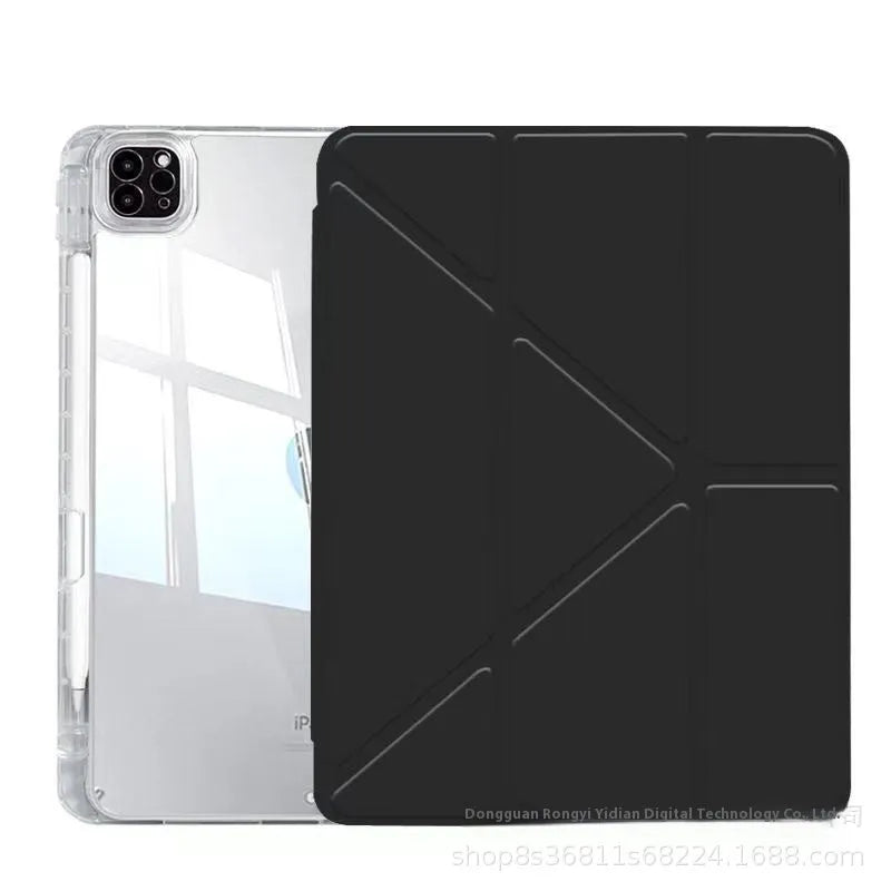 Transparent acrylic iPad case with a folding magnetic stand, shown in multiple colour options.
