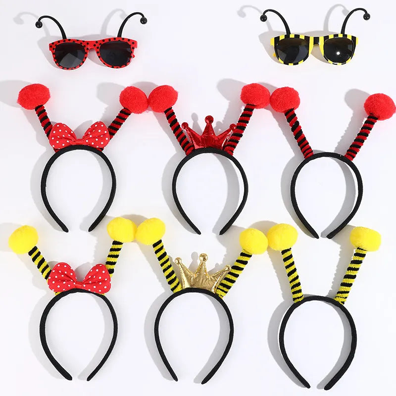 Yellow bee costume headband with matching glasses featuring butterfly and ladybug decorations