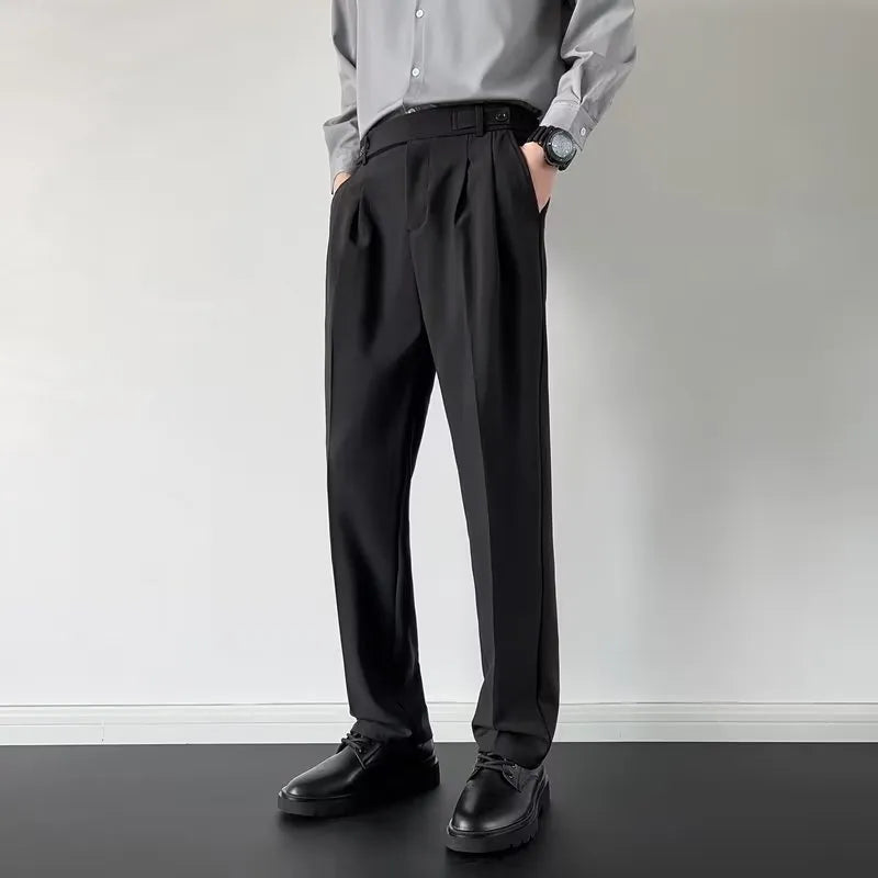 Men's straight loose fit suit pants in apricot and black colours.