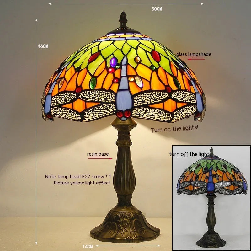 Tiffany dragonfly stone table lamp with retro European design and coloured glass shade