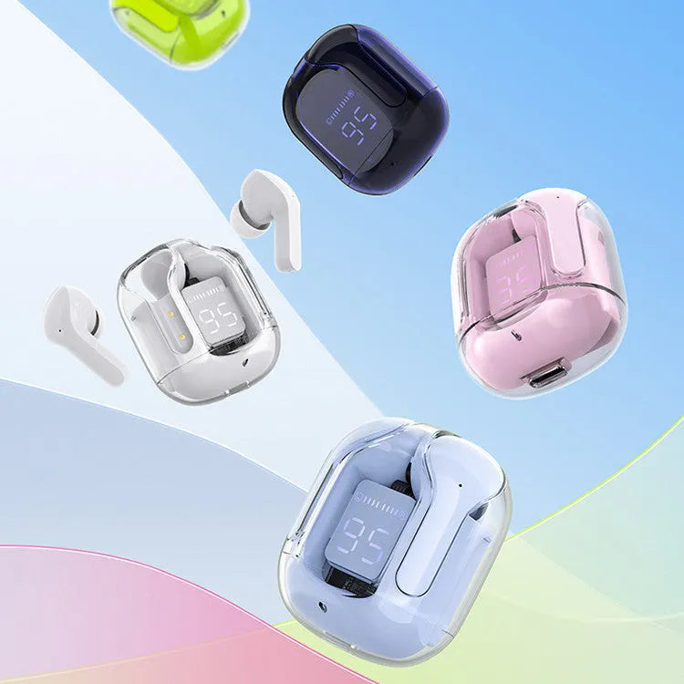 Mini wireless Bluetooth headset in charging compartment with LED battery display, pink colour, silicone case, and USB-C cable