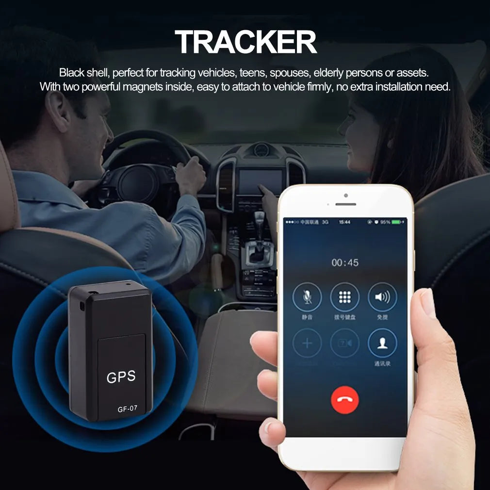 Black mini magnetic GPS tracker device for car and vehicle tracking with USB charging cable