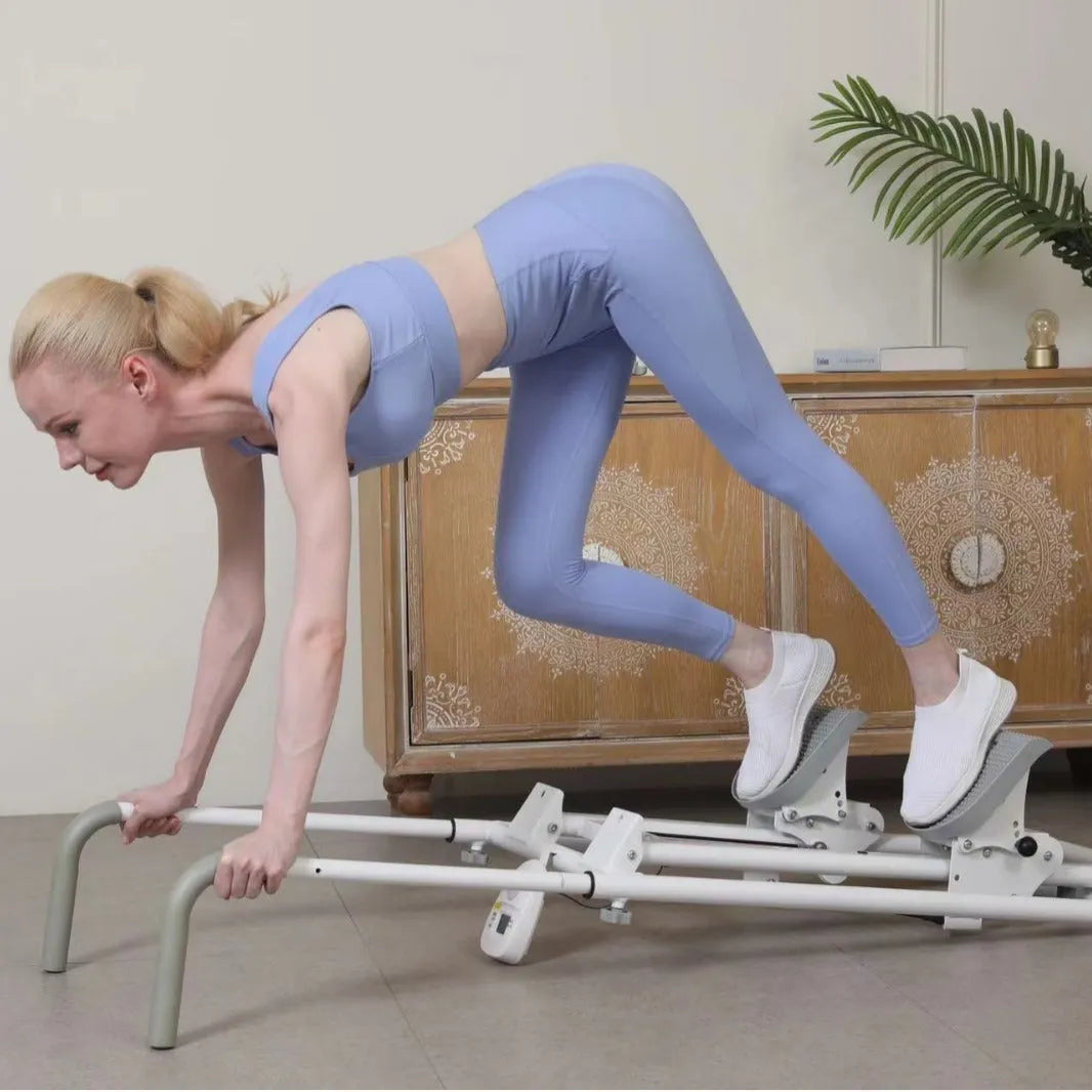 White foldable treadmill with integrated climbing frame for home fitness