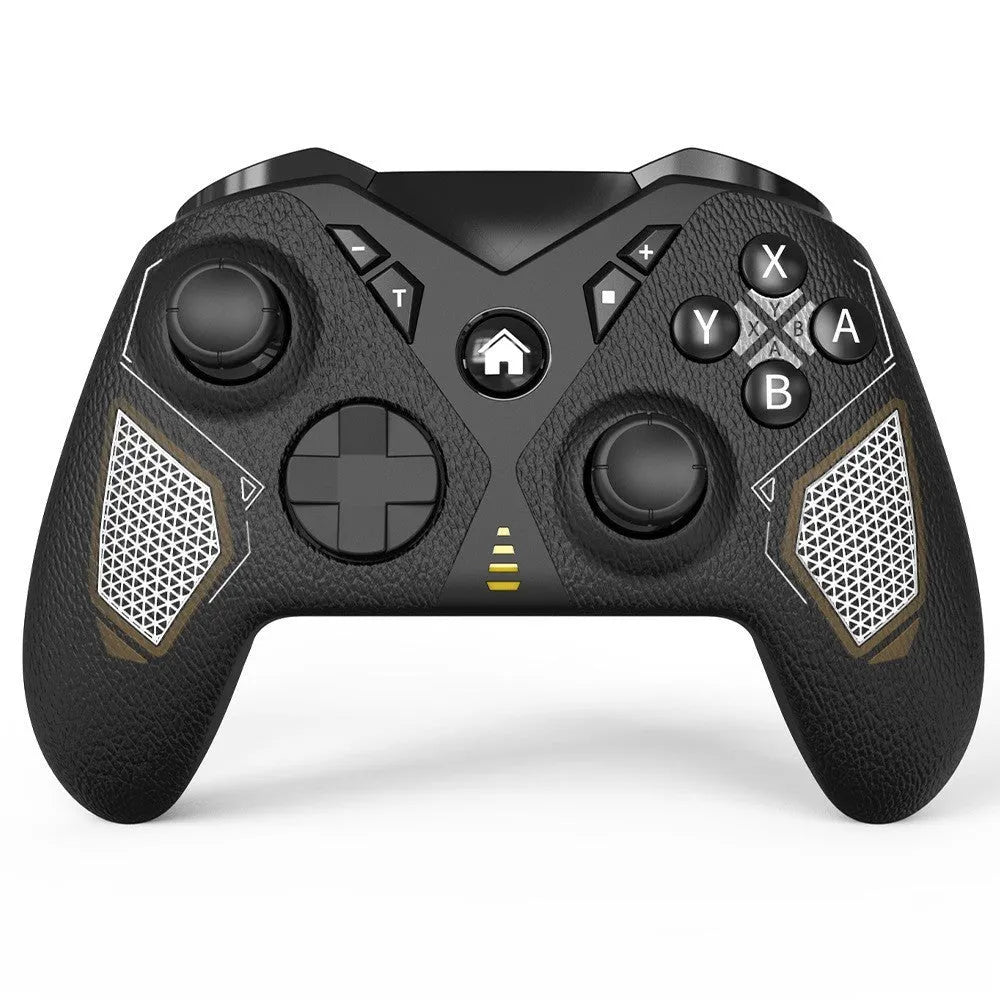 Black wireless game controller with leather-pattern texture on handles for Nintendo computers and mobile phones.